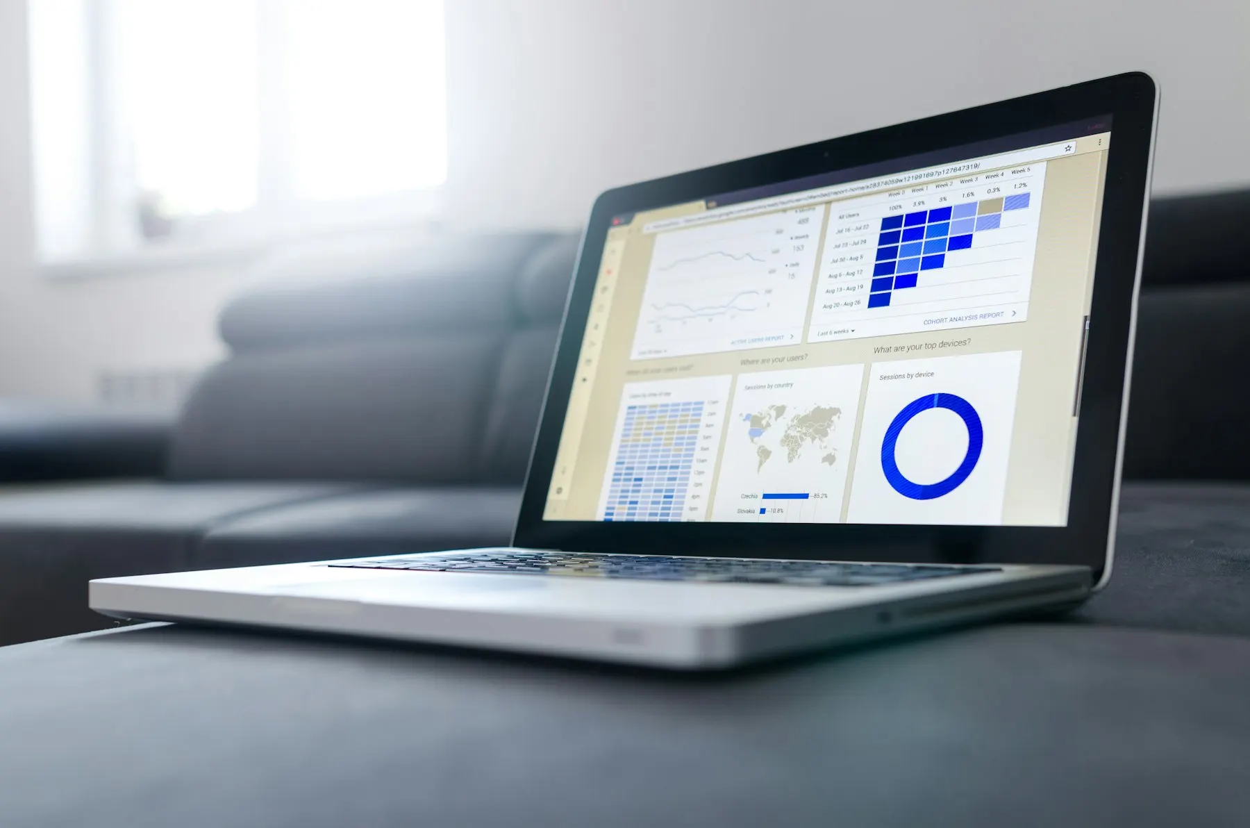 Laptop displaying spreadsheet charts and data