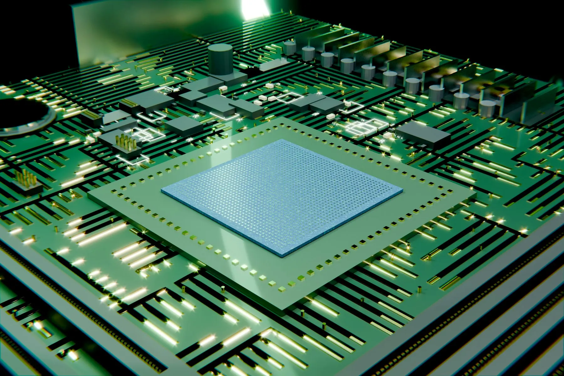 Close-up of a processor chip on a green circuit board